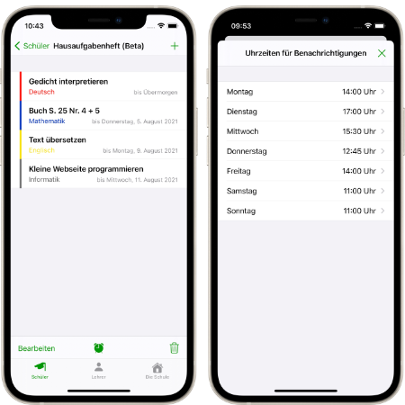 Screenshots Hausaufgabenheft